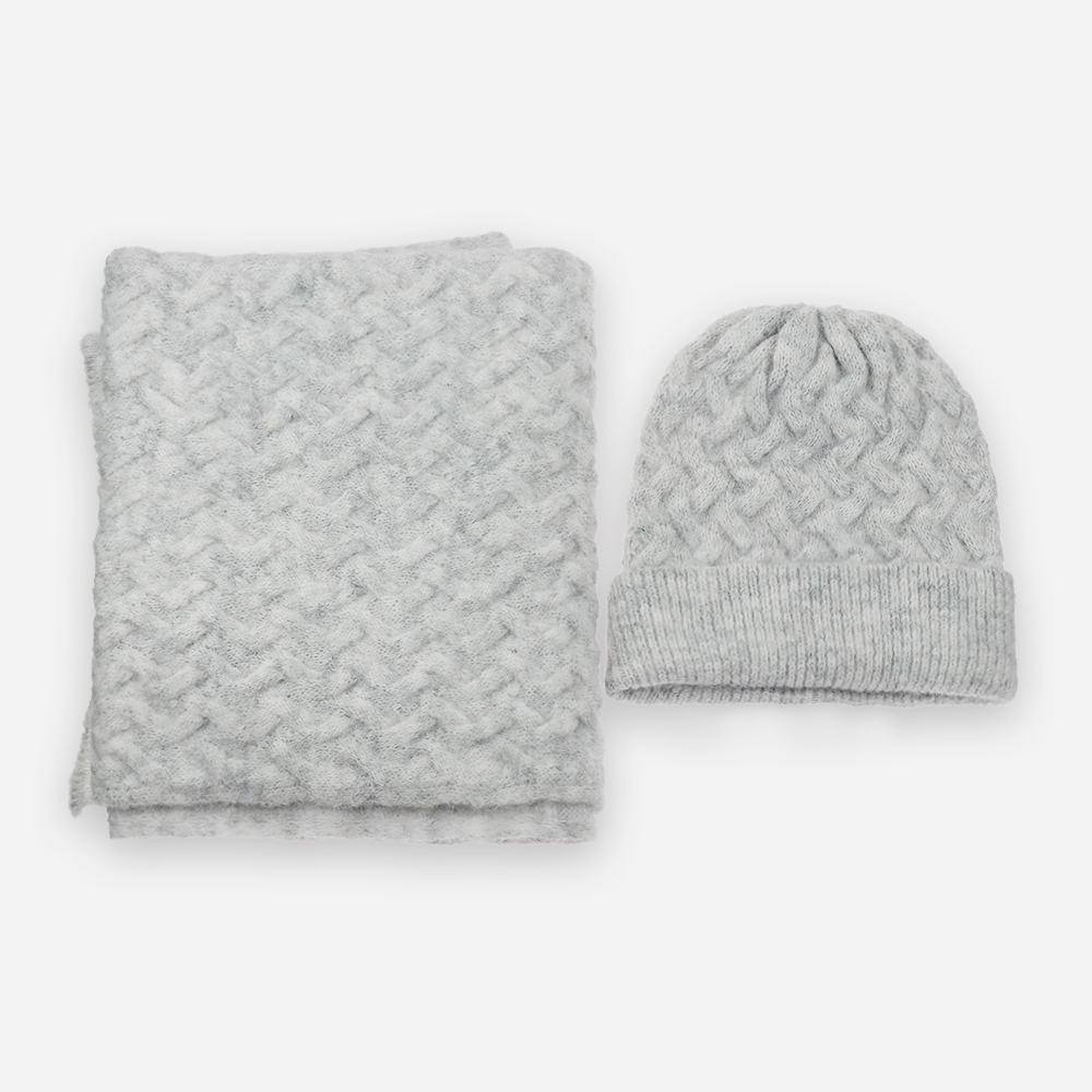 IMG_4893 Knit Beanie and Scarf Set (Heather Gray/Oat Beige) - Image 1